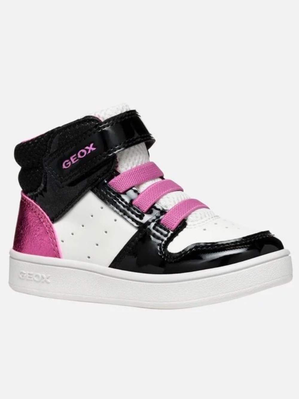 Geox Kids High-Top Sneakers in White, Black & Pink